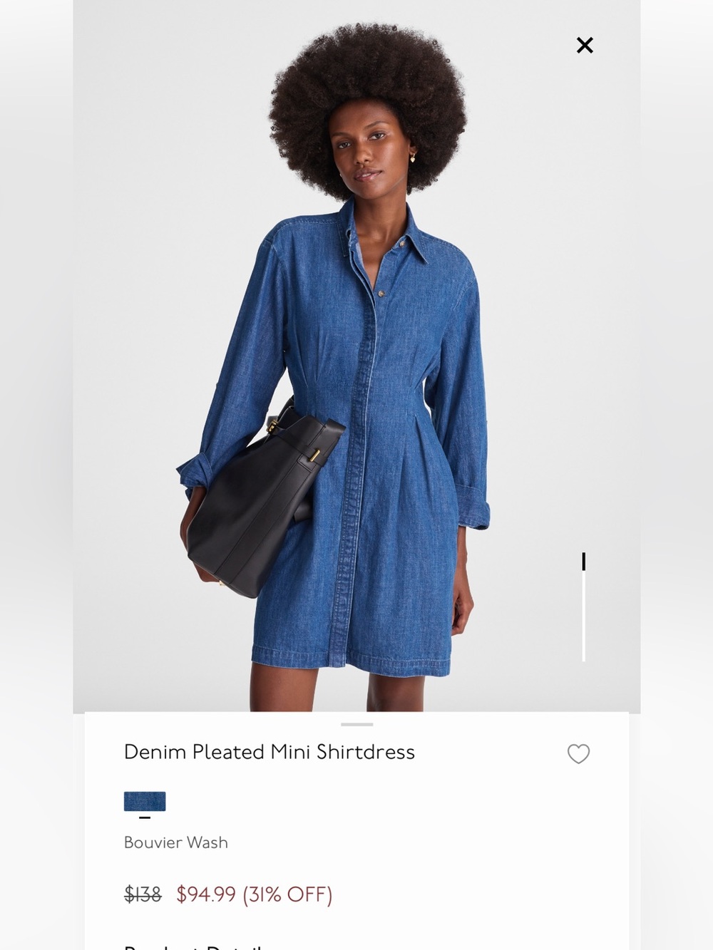 Madewell Blue Denim Pleated Mini Shirtdress